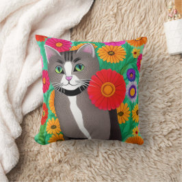 Folk Art Whimsical Style Kitty Cat und Blume Kissen