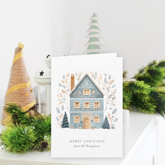 Folk Art Winter Blue House Frohe Weihnachten