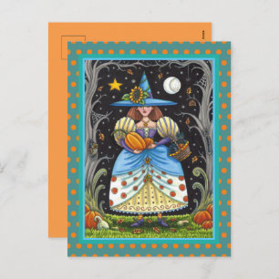 FOLK ART WITCH IN SPOOKY WOODS, SCHWARZ CAT & OWL FEIERTAGSPOSTKARTE