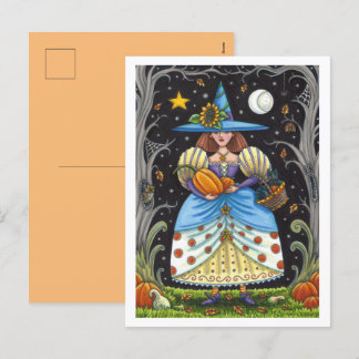 FOLK ART WITCH IN SPOOKY WOODS, SCHWARZ CAT & OWL FEIERTAGSPOSTKARTE