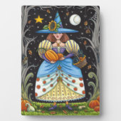 FOLK ART WITCH IN SPOOKY WOODS, SCHWARZ CAT & OWL FOTOPLATTE (Vorderseite)