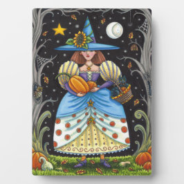 FOLK ART WITCH IN SPOOKY WOODS, SCHWARZ CAT & OWL FOTOPLATTE