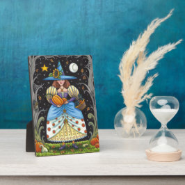 FOLK ART WITCH IN SPOOKY WOODS, SCHWARZ CAT & OWL FOTOPLATTE