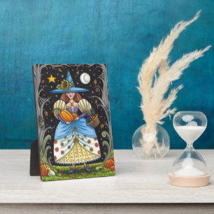 FOLK ART WITCH IN SPOOKY WOODS, SCHWARZ CAT & OWL FOTOPLATTE