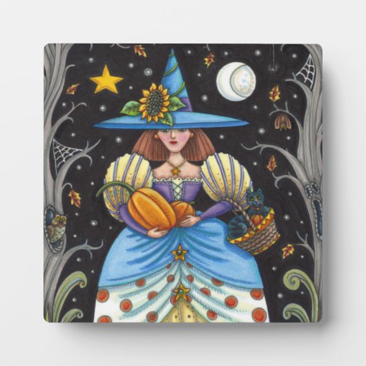 FOLK ART WITCH IN SPOOKY WOODS, SCHWARZ CAT & OWL FOTOPLATTE (Vorderseite)