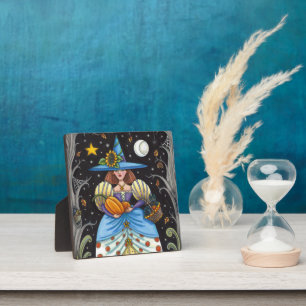 FOLK ART WITCH IN SPOOKY WOODS, SCHWARZ CAT & OWL FOTOPLATTE