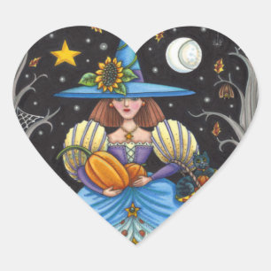FOLK ART WITCH IN SPOOKY WOODS, SCHWARZ CAT & OWL Herz-Aufkleber