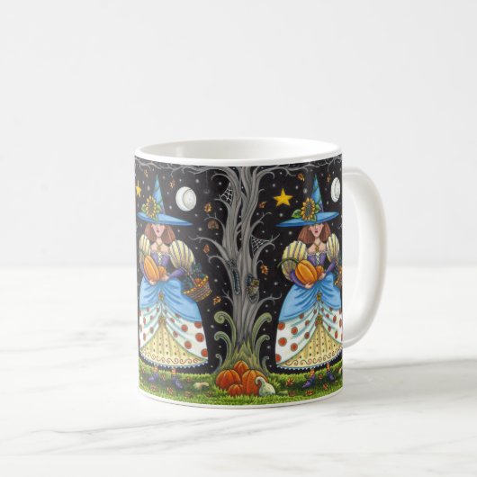FOLK ART WITCH IN SPOOKY WOODS, SCHWARZ CAT & OWL KAFFEETASSE (VorderseiteRechts)