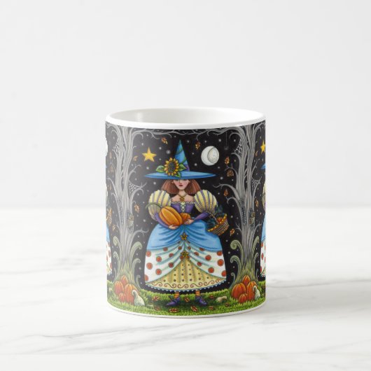FOLK ART WITCH IN SPOOKY WOODS, SCHWARZ CAT & OWL KAFFEETASSE (Mittel)