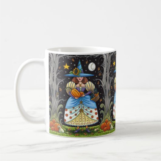 FOLK ART WITCH IN SPOOKY WOODS, SCHWARZ CAT & OWL KAFFEETASSE (Links)