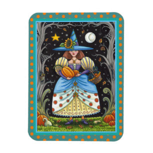 FOLK ART WITCH IN SPOOKY WOODS, SCHWARZ CAT & OWL MAGNET