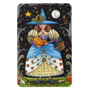 FOLK ART WITCH IN SPOOKY WOODS, SCHWARZ CAT & OWL MAGNET