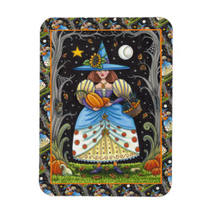 FOLK ART WITCH IN SPOOKY WOODS, SCHWARZ CAT & OWL MAGNET