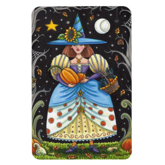FOLK ART WITCH IN SPOOKY WOODS, SCHWARZ CAT & OWL MAGNET (Vertikal)