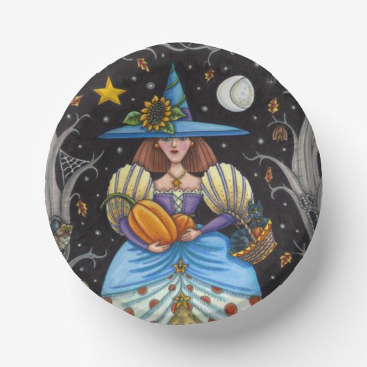 FOLK ART WITCH IN SPOOKY WOODS, SCHWARZ CAT & OWL PAPPTELLER (Vorderseite)