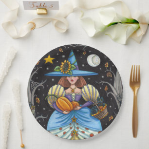 FOLK ART WITCH IN SPOOKY WOODS, SCHWARZ CAT & OWL PAPPTELLER
