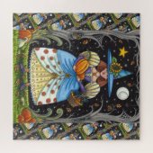 FOLK ART WITCH IN SPOOKY WOODS, SCHWARZ CAT & OWL PUZZLE (Horizontal)