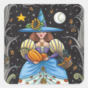 FOLK ART WITCH IN SPOOKY WOODS, SCHWARZ CAT & OWL QUADRATISCHER AUFKLEBER
