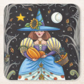 FOLK ART WITCH IN SPOOKY WOODS, SCHWARZ CAT & OWL RECHTECKIGER PAPPUNTERSETZER (Vorderseite)