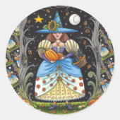 FOLK ART WITCH IN SPOOKY WOODS, SCHWARZ CAT & OWL RUNDER AUFKLEBER (Vorderseite)