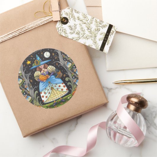 FOLK ART WITCH IN SPOOKY WOODS, SCHWARZ CAT & OWL RUNDER AUFKLEBER (Schenken)