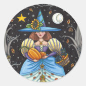 FOLK ART WITCH IN SPOOKY WOODS, SCHWARZ CAT & OWL RUNDER AUFKLEBER (Vorderseite)