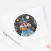 FOLK ART WITCH IN SPOOKY WOODS, SCHWARZ CAT & OWL RUNDER AUFKLEBER (Umschlag)