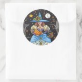 FOLK ART WITCH IN SPOOKY WOODS, SCHWARZ CAT & OWL RUNDER AUFKLEBER (Tasche)