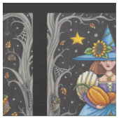 FOLK ART WITCH IN SPOOKY WOODS, SCHWARZ CAT & OWL STOFF (Nahaufnahme)