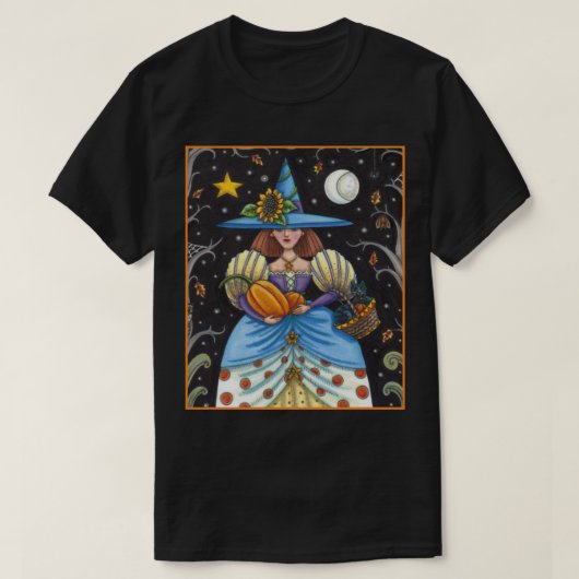 FOLK ART WITCH IN SPOOKY WOODS, SCHWARZ CAT & OWL T-Shirt (Design vorne)