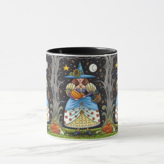 FOLK ART WITCH IN SPOOKY WOODS, SCHWARZ CAT & OWL TASSE (Zentrum)