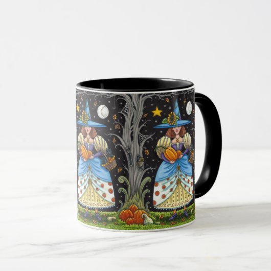 FOLK ART WITCH IN SPOOKY WOODS, SCHWARZ CAT & OWL TASSE (VorderseiteRechts)