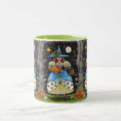 FOLK ART WITCH IN SPOOKY WOODS, SCHWARZ CAT & OWL ZWEIFARBIGE TASSE (Mittel)