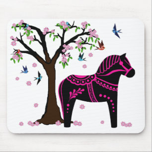 Folk Black/Pink Dala Pferd, Folk Bird/Blume Mousepad