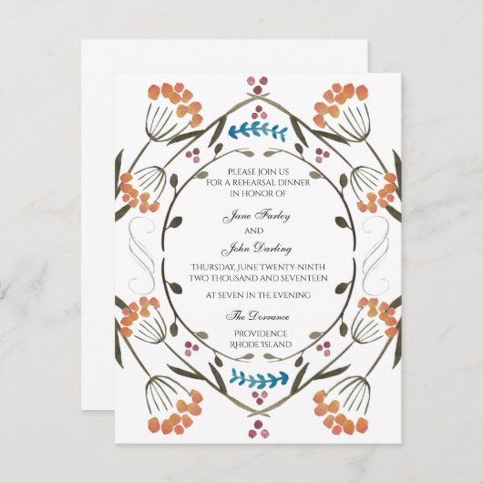 Folk-Blume Einladung mit blauen Details (Vorne/Hinten)