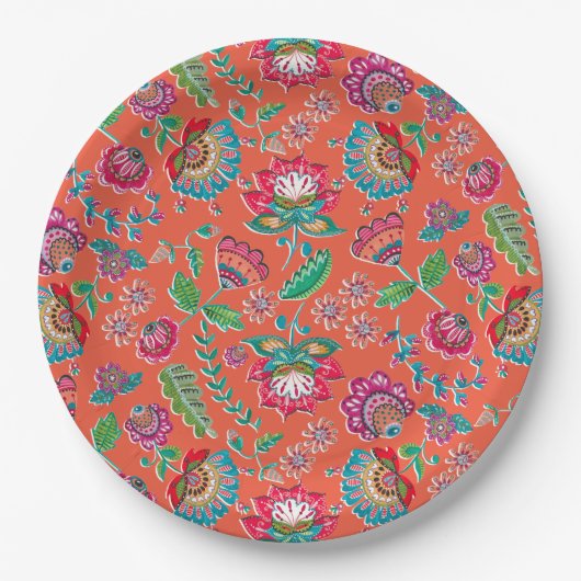 Folk Blume hellorange Blumenmuster Hochzeit Pappteller (Vorderseite)