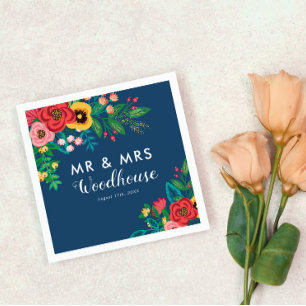 Folk Bouquet - Blue Boho Mr & Mrs Wedding Serviette