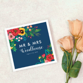 Folk Bouquet - Blue Boho Mr & Mrs Wedding Serviette