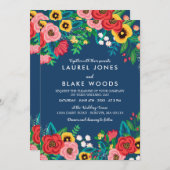 Folk Bouquets - Deep Blue & Red Boho Wedding Einladung (Vorne/Hinten)