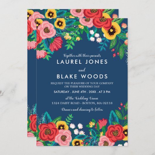 Folk Bouquets - Deep Blue & Red Boho Wedding Einladung (Vorne/Hinten)