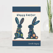 Folk Bunnies Navy Floral Happy Oaster Custom Card Karte (Vorderseite)
