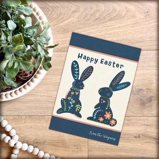 Folk Bunnies Navy Floral Happy Oaster Custom Card Karte