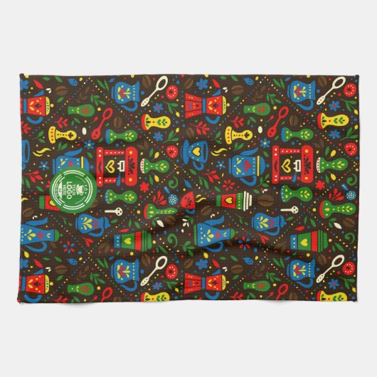 Folk coffee pattern — emerald, red & cobalt accent geschirrtuch (Horizontal)