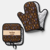 Folk coffee tools — cocoa brown with caramel ofenhandschuh & Topflappen-Set (Vorderseite/Rückseite)