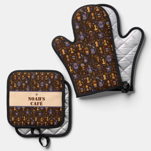 Folk coffee tools — cocoa brown with caramel ofenhandschuh & Topflappen-Set (Vorderseite/Rückseite)