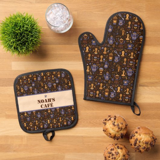 Folk coffee tools — cocoa brown with caramel ofenhandschuh & Topflappen-Set (Oben Unten)