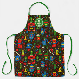 Folk coffee tools — emerald, red & cobalt on black schürze