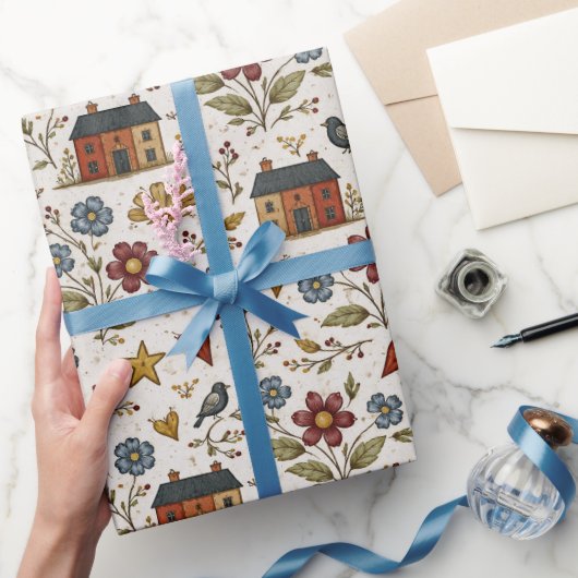 Folk Cottage Hearts Garden Pattern Geschenkpapier (Schenken)