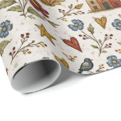 Folk Cottage Hearts Garden Pattern Geschenkpapier (Rolleneckpunkt)