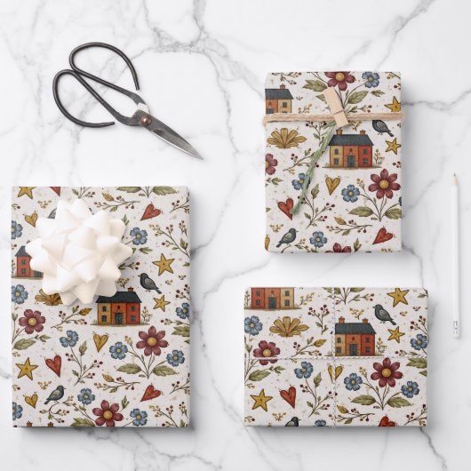 Folk Cottage Hearts Garden Pattern Geschenkpapier Set (Vorderseite)